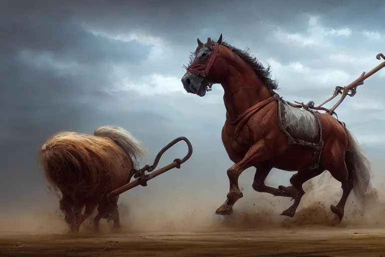 Image similar to an exaggeratedly hulking and beefy horse pulling a tiny plough, trending on artstation, 8 k, artistic, photorealistic, chiaroscuro, greg rutkowski, artgerm, beksinski