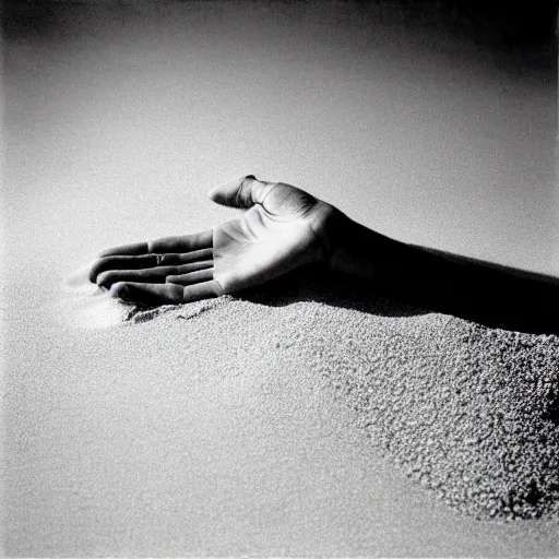 Image similar to chrome hand emerging from sand, high angle view, surrealist album cover art by storm Thorgerson, 1978