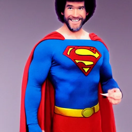 Image similar to bob ross dressed up as superman