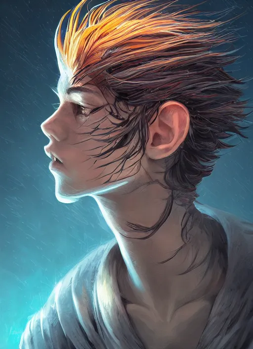 Image similar to beauty boy with a crows nest on his head, cruelty, black crows, light effect, hyper detailed, intricate, elegant, highly detailed, digital painting, rule 3 4, artstation, concept art, matte, sharp focus, illustration, by dan mumford, yusuke murata, makoto shinkai, ross tran