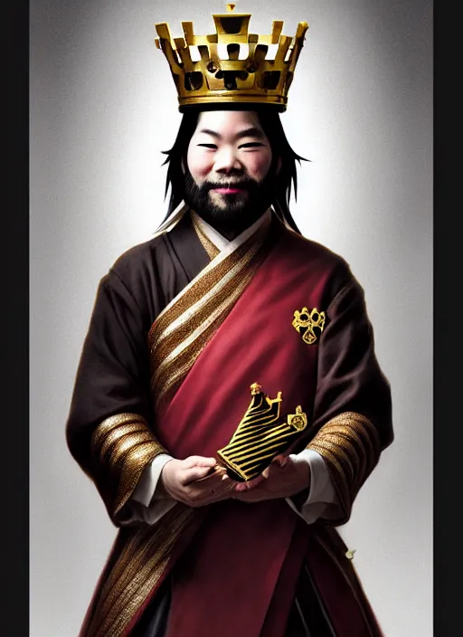 Prompt: gm hikaru nakamura dressed as a king, holding a chess piece fantasy portrait, artstation, extremely detailed artgerm greg rutkowski