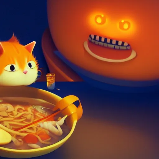 Image similar to A fat, cute orange cat eating ramen, cozy, octane render by Goro Fujita, details, lights, beautiful, 4K, 8K