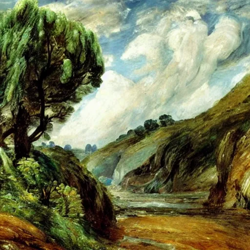 Image similar to detailed painting of a lush natural scene on an alien planet by john constable. beautiful landscape. weird colourful vegetation. cliffs and water.