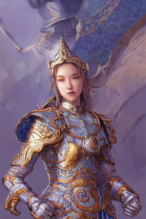 Image similar to portrait knights of Zodiac girl, Chinese Blue and white porcelain reflected armor, in ruined Agora of Athens sunrise, ssci-fi, fantasy, intricate, very very beautiful, elegant, golden light, highly detailed, digital painting, artstation, concept art, smooth, sharp focus, illustration, art by tian zi and WLOP and alphonse mucha
