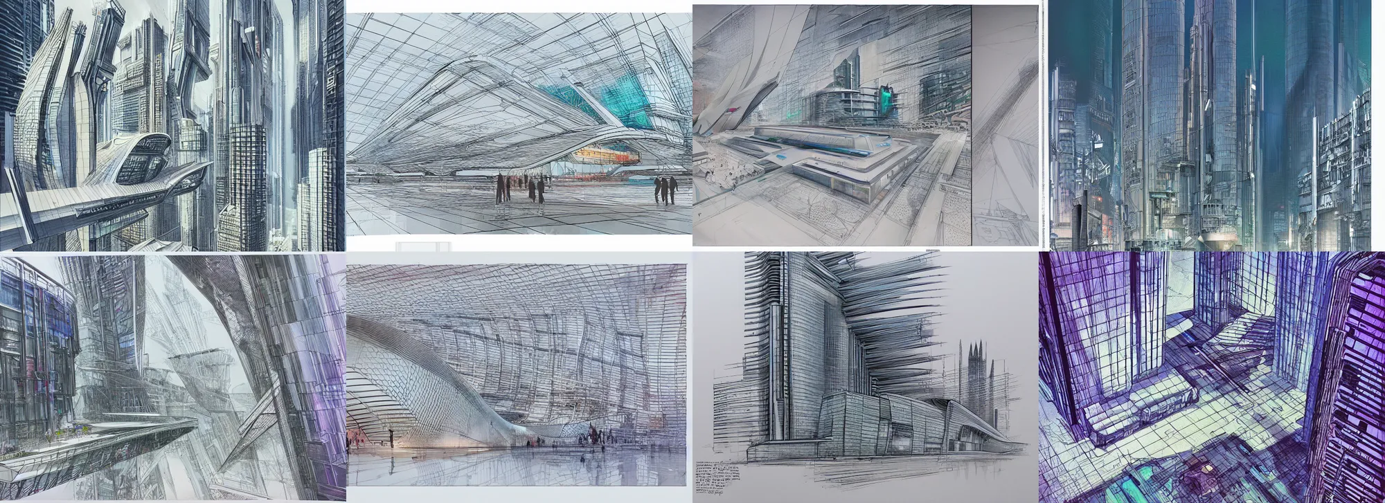 Prompt: architectural sketching of cyberpunk, by norman foster + zaha hadid, extremely detailed, architecture drawing, drawing, line drawing, chartpak ad markers, pastel color, aesthetic color scheme