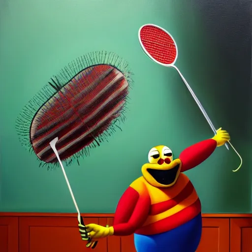 Image similar to hyperrealism painting from the housefly perspective getting swatted at from an angry clown man with a fly swatter in the kitchen