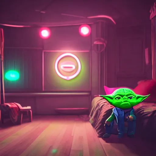 Image similar to Yoda, adorable eyes, cute smile, full round face, neon lights in background, serene bedroom setting, medium shot, mid-shot, highly detailed, trending on Artstation, Unreal Engine 4k