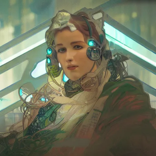 Image similar to Alfons Mucha, cyberpunk, octane render