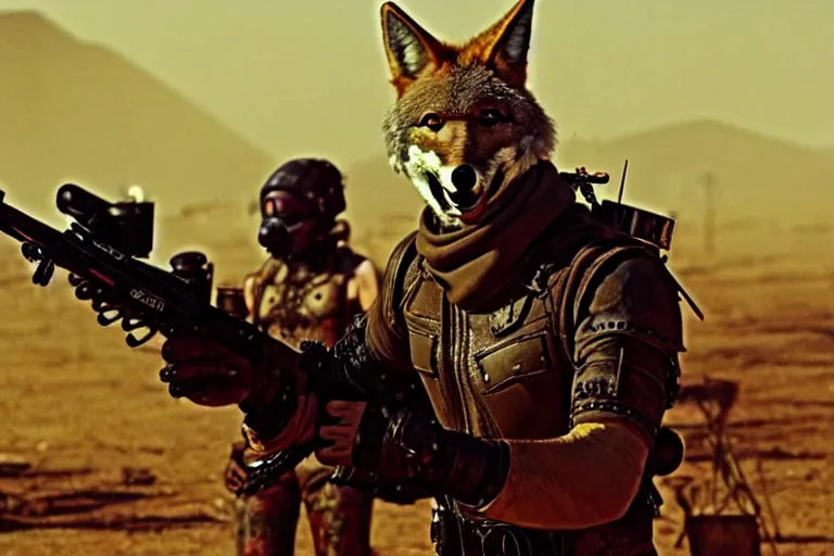 Image similar to a good ol'coyote fursona ( from the furry fandom ), heavily armed and armored facing down armageddon in a dark and gritty version from the makers of mad max : fury road. witness me.