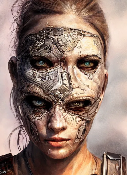 Image similar to detailed full body concept, oil painting of a mad max style female with beautiful face and eyes wearing intricate clothing, soft lighting and focus