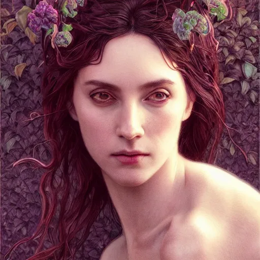 Image similar to portrait of a middle aged artsy woman, avangarde, unique, artistic soul, nature, plants, wool, upper body, long hair, intricate, elegant, highly detailed, digital painting, artstation, concept art, matte, sharp focus, illustration, art by artgerm and greg rutkowski and alphonse mucha