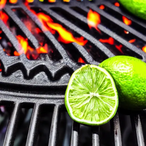 Prompt: a lime being grilled on a stove top, fire, dslr