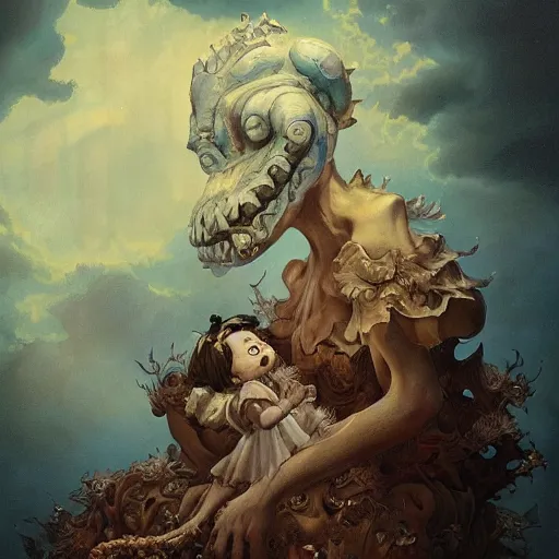 Prompt: a victorian monster standing over a sleeping child, illustrated by miyazaki by karol bak, james jean, tom bagshaw, rococo, sharp focus, trending on artstation, cinematic lighting