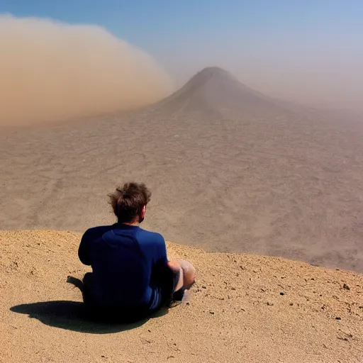 Image similar to man sitting on top peak mountain looking at huge vast sandstorm dust tornado desert