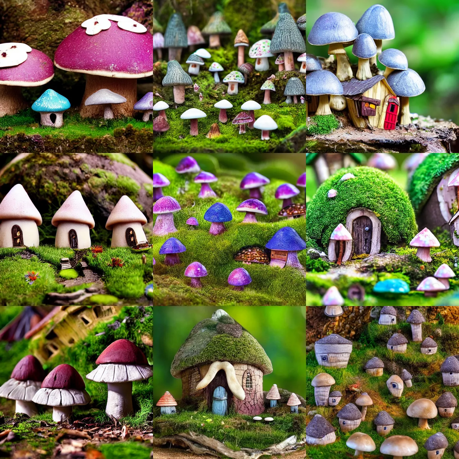 Prompt: fairy village, mushroom houses, macroscopic