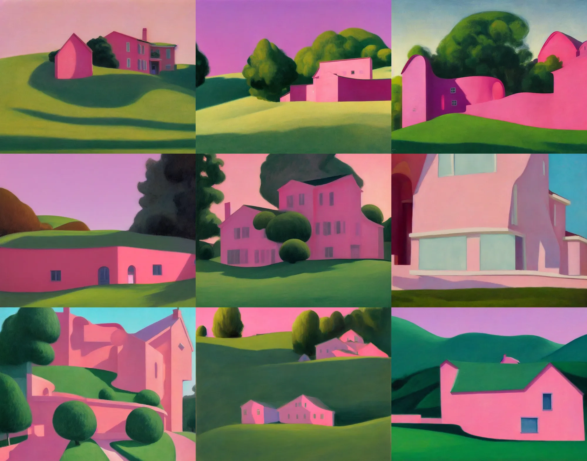 Prompt: a perfectly rounded hills with a pink house over, painted by edward hopper, dreamcore looking, liminal space, unusual color palette, soft ambient ilumination