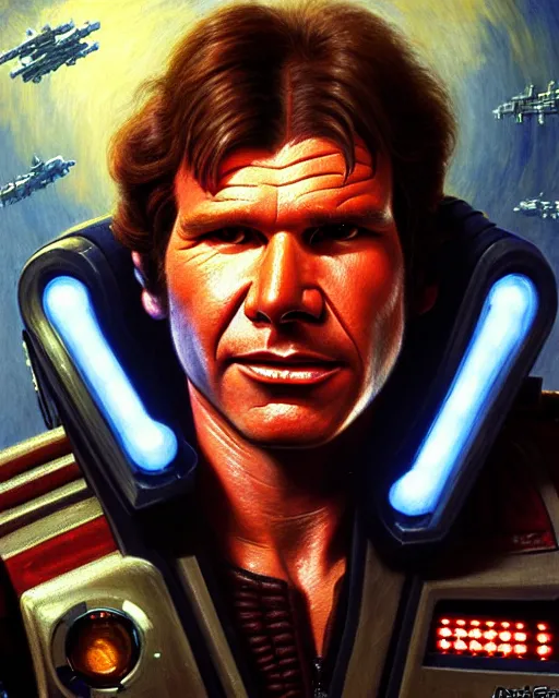 Image similar to character portrait closeup 4 0 years old han solo harrison ford cyberpunk starcraft terran warhammer 4 0 k space marine, confident, character design, painting by gaston bussiere, katsuya terada, frank frazetta, tom of finland, gta v, wlop, artgerm, trending on artstation