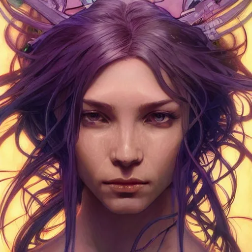 Prompt: cyborg, female, fantasy, bioluminiscence, flowing hair, portrait, highly detailed, digital painting, beautiful eyes, symmetry, concept art, sharp focus, illustration, art by artgerm and greg rutkowski and magali villeneuve and ilya kuvshinov! : : alphonse mucha : : - 0. 2