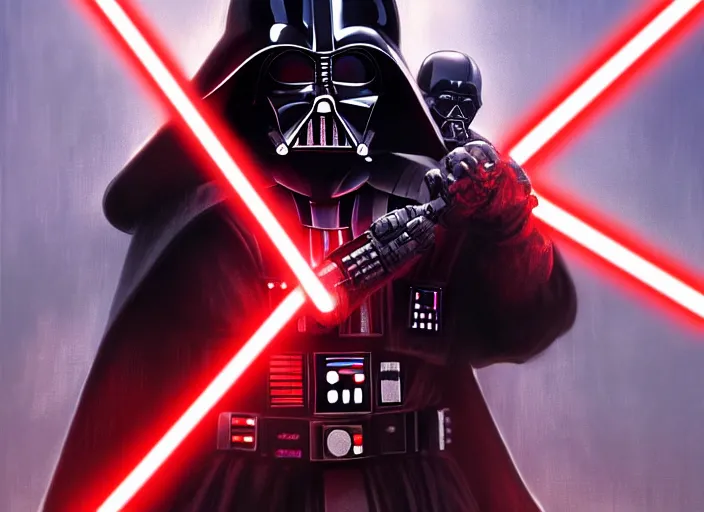 Image similar to a dramatic highly detailed render of darth vader with red lightsaber drawn facing a cute baby with its back to the camera, futuristic star wars vibe, by WLOP and Artgerm and Greg Rutkowski and Alphonse Mucha, Beautiful dynamic dramatic dark moody lighting, shadows, cinematic atmosphere, Artstation, concept design art, Octane render, 8K, masterpiece, sharp focus, hyperrealistic