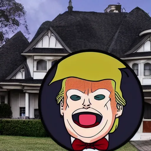 Prompt: anime donald trump villain posing in front of a spooky house