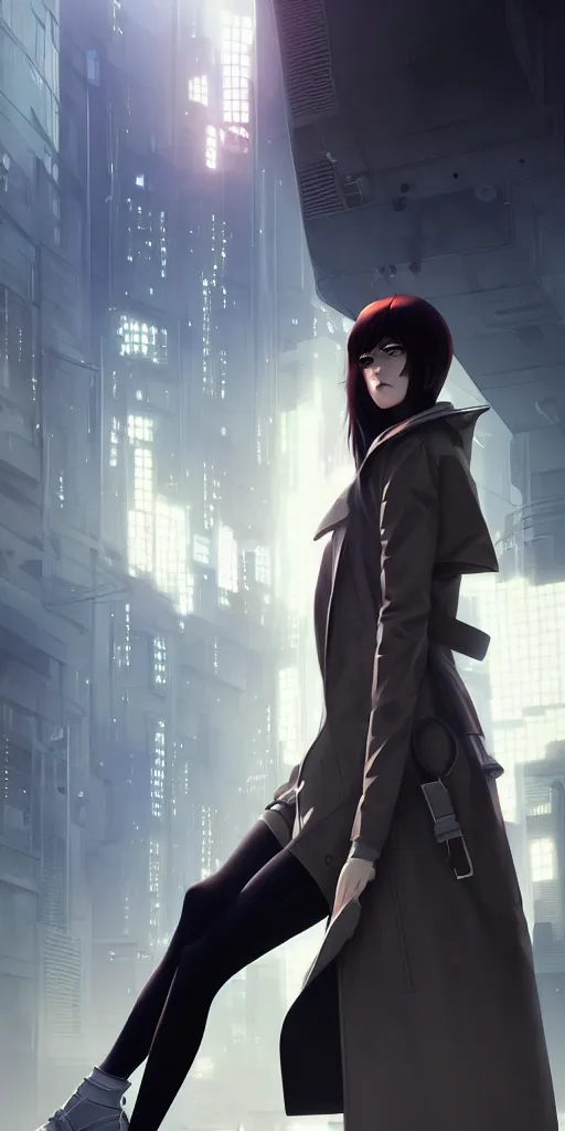 Image similar to realistic render of a cyborg - girl wearing a long trench coat by ross draws, futuristic dystopian city by ilya kuvshinov, digital anime art by ross tran, composition by sana takeda, lighting by greg rutkowski