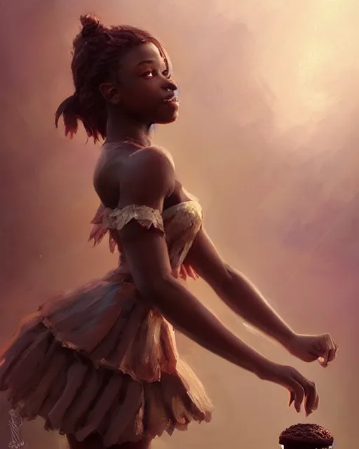 Prompt: a ( girl as personification of chocolate cupcake ), fantasy bakery, realistic digital painting by greg rutkowski, artgerm, krenz cushart, laurie greasly, wlop, intricate, highly detailed!! sharp focus, smooth, epic composition, joyful, unreal engine