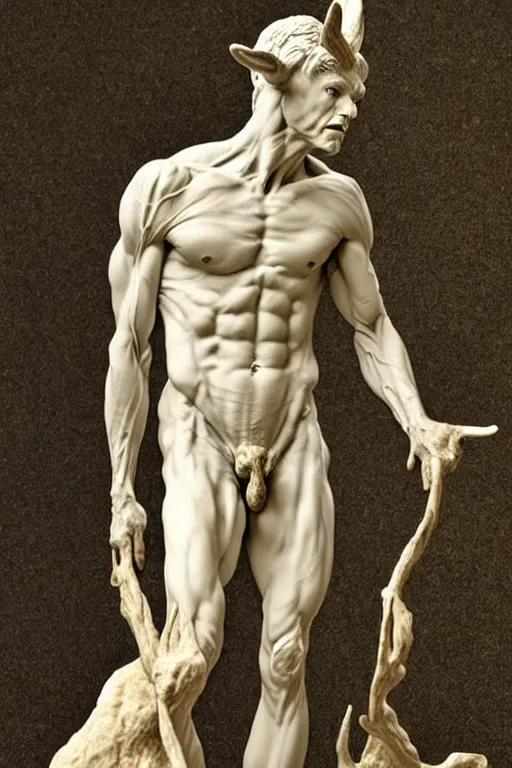 Prompt: intricate and detailed deer-man statue full body made on polished beige marble sculpted by Bernini and Nicola Samori, style of Maxfield Parrish and Bastien Lecouffe-Deharme, ultra realistic, volumetric light