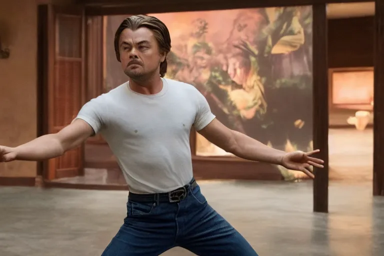 Image similar to Leonardo DiCaprio as Bruce Lee in 'Once Upon a Time... In Hollywood 2: The First Part' (2022), movie still frame, promotional image, imax 70 mm footage, oscar nominated cinematography, volumetric lighting, 8k resolution