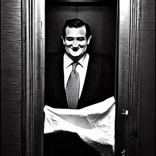 Prompt: Ted Cruz with a wide grin peaking through a door, black and white, creepy lighting, scary, horror, ornate, eerie, fear