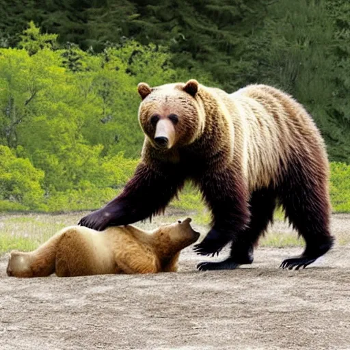 Image similar to a life sized, living, grizzly bear made from lego, attacking someone.