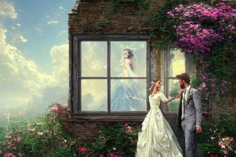 Prompt: a beautiful picture of a bride and a groom, old window, flowers, sky, by greg rutkowski and thomas kinkade, trending on artstation