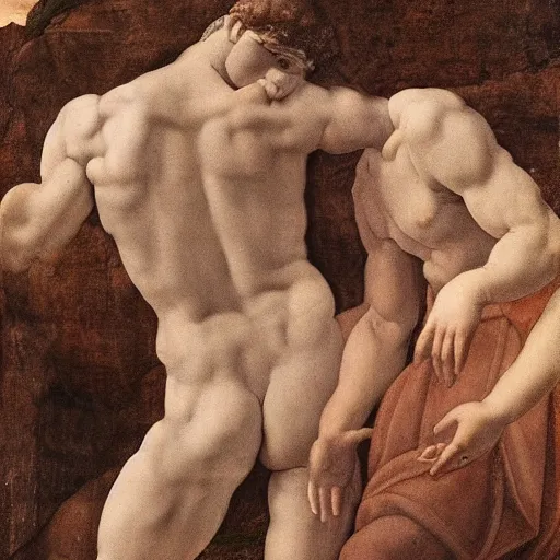 Prompt: two men, forbidden love, seperated by a deity, on one side is light on the other is darkness, body type is michelangelo's david in a renaissance style - h 9 0 0