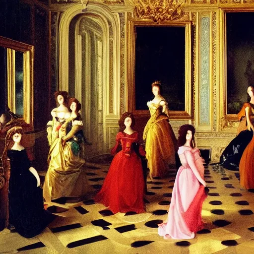 Image similar to fine art, oil on canvas. six women in the mirrors room in the palace of versailles in france wearing fine clothes, no faces visibles. dark room with light coming through the right side. baroque style 1 6 5 6. high quality realistic recreation of illumination shadows and colors, no distortion on subject faces.