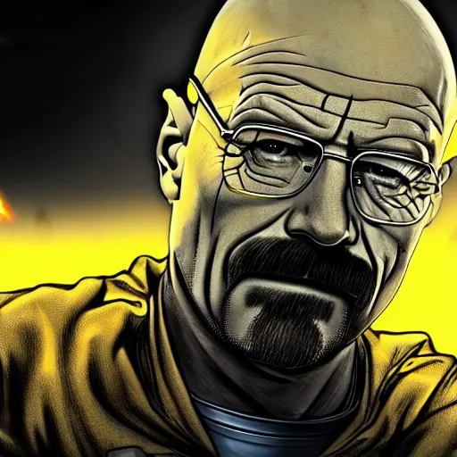 Image similar to Walter White firing lasers from his cybernetic battle armor, highly detailed, centered, concept art, 4k