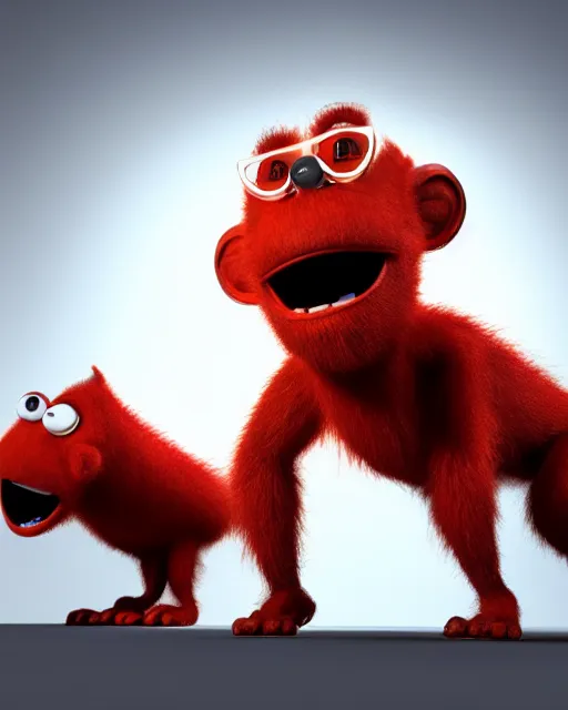 Image similar to 3 d render of completely red hairy friendly antropomorphic simple creature wearing chrome shades, without nose, full body, in the style of pixar, white background, unreal engine 5, octane render, highly detailed hdr