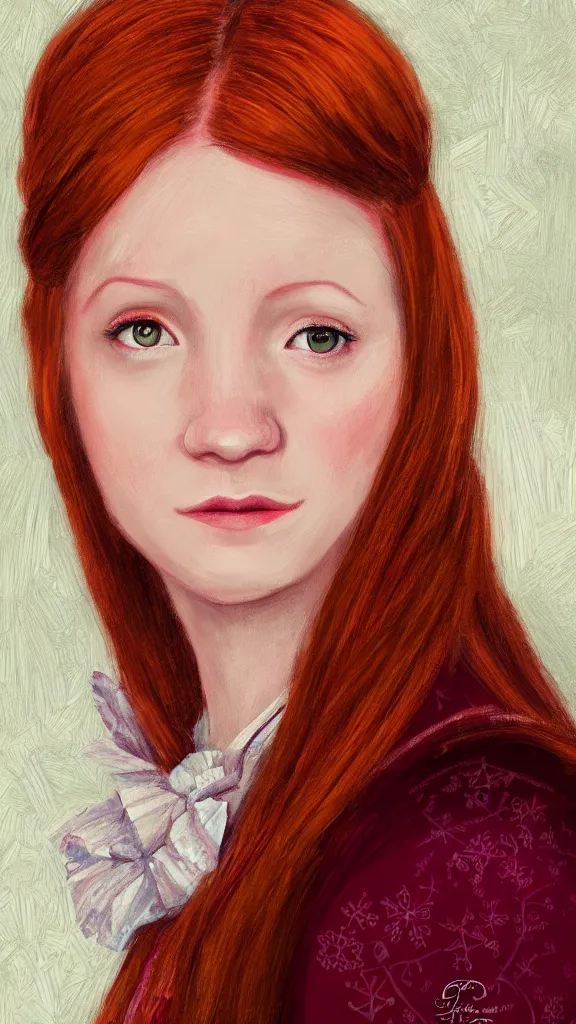Image similar to a close - up portrait of ginny weasley, attending the yule ball. beautiful painting by jim kay. color harmony, 8 k detail, gallery quality, hd wallpaper, premium prints available, hyper - detailed, intricate design.