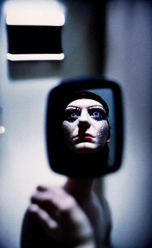 Image similar to cinestill 5 0 d candid photographic portrait by stanley kubrick of a feminine man wearing rugged black techwear and glitter makeup looking in the bathroom mirror, cramped new york apartment, medium closeup, retrofuturism cyberpunk emotional cinematic, light and shadows, 8 k, hd, high resolution, 3 5 mm, f / 3 2, ultra realistic faces