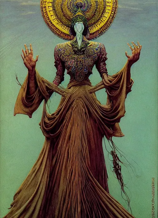 Prompt: soaring woman wearing a round mask with many thick long blades behind head. dressed in a long robe with wide sleeves and making namaste gesture. highly detailed, symmetric, concept art, saturated colors, masterpiece, fantasy art, hyperdetailed, hyperrealism, art by zdzisław beksinski, arthur rackham, dariusz zawadzki, larry elmore