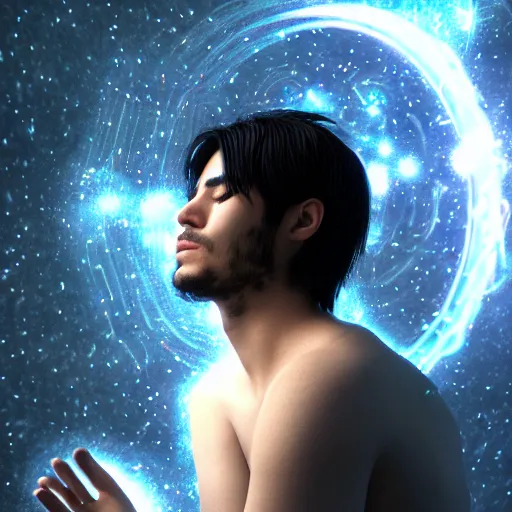 Image similar to a male mage in his 2 0 s with black hair, meditating with closed eyes, in the infinite universe. unreal engine, extremely detailed, award - winning art, trending on artstation