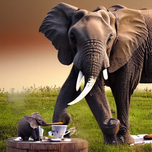 Prompt: elephant having tea with mice