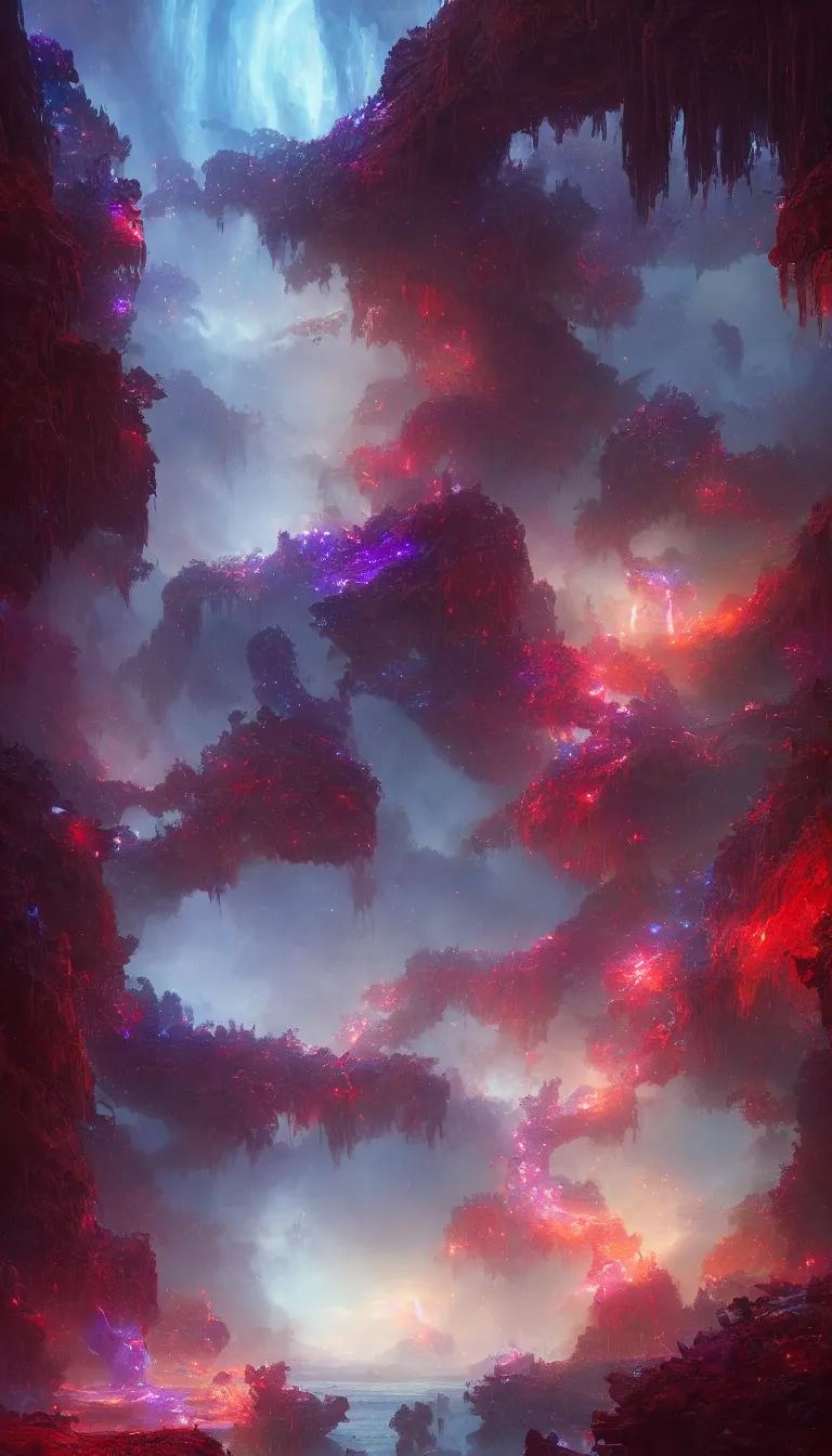 Image similar to luscious fibrous world made of mystical magical energy colorized as blue, red, and purple, illustrated by Greg Rutkowski and Gaston Bussiere, loquacious lighting, volumetric lighting, beautiful photography, landscape imagery, Trending on artstation, 4k, 8k.