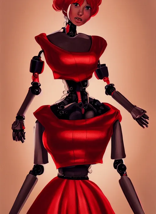 Prompt: a robot wearing a maid dress, red dress, full body shot, highly detailed, digital painting, artstation, concept art, smooth, sharp focus, illustration