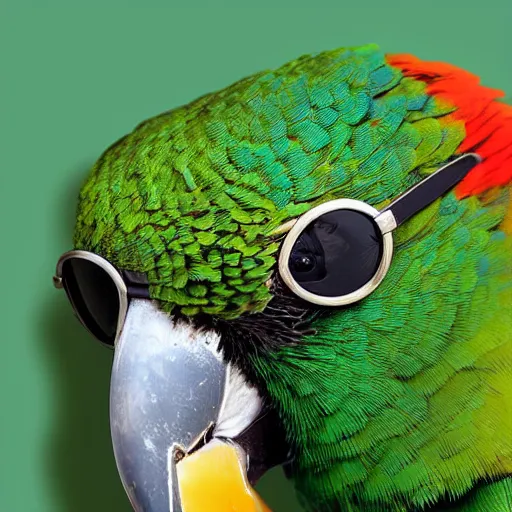a photo of a green parrot with black sunglasses and a | Stable