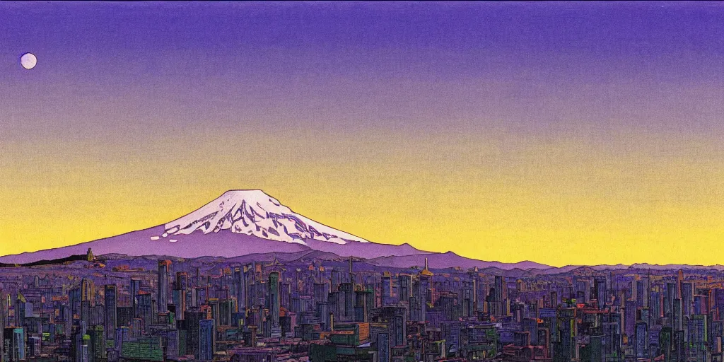 Image similar to skyline of a large metropolis, mount rainier looming in the background, acid and dreaming psychedelic hallucinations, by kawase hasui, moebius and edward hopper, hd, 8 k, artstation, sharp focus, smooth, masterpiece