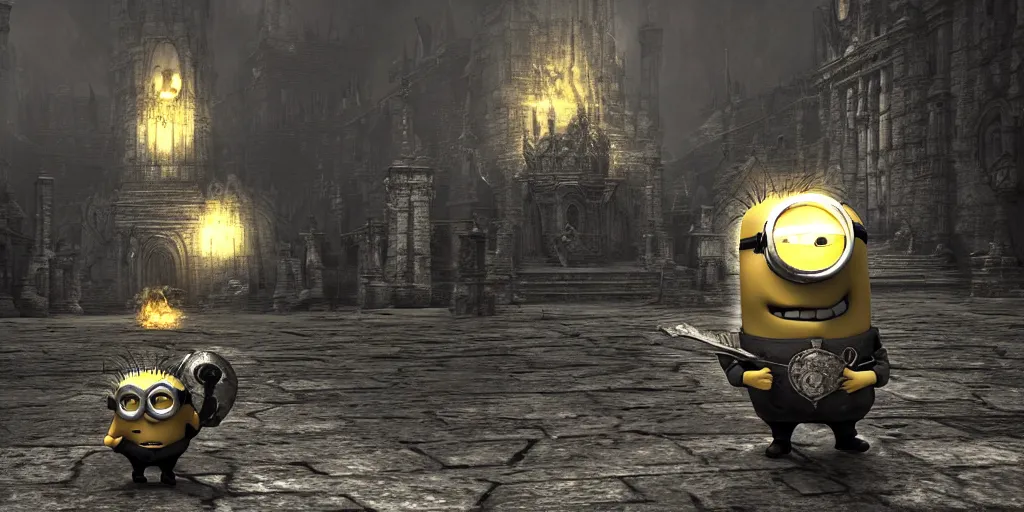 Image similar to minion as a darksouls boss, horror, hd, screenshot,