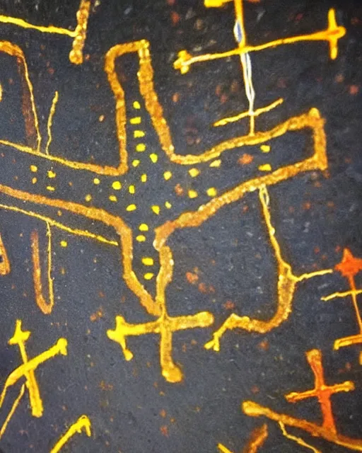 Image similar to cave painting, ultra hd, depiction of crosses and ufo, very detailed to photography