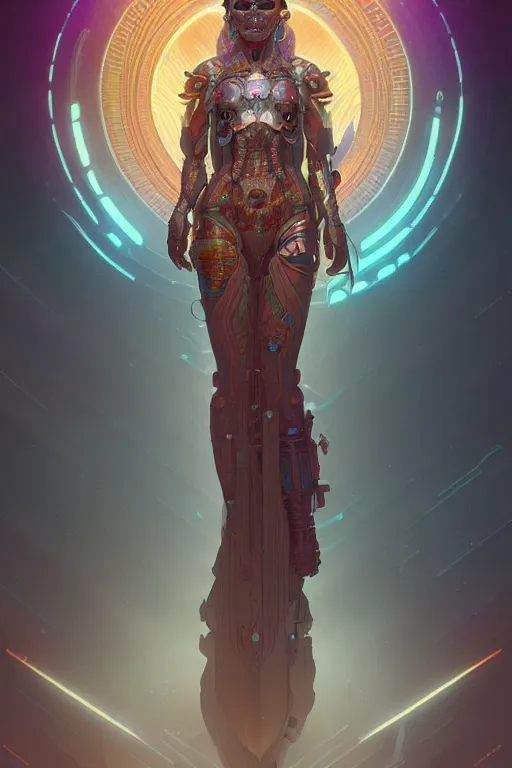 Image similar to ultra detailed female android deity, scifi octane _ render dia _ de _ los _ muertos asymmetrical intricate concept _ art triadic _ color, art by artgerm and greg rutkowski and alphonse mucha, 8 k
