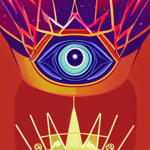 Prompt: a glowing crown sitting on a table with one beautiful eye mounted on it like a jewel, night time, vast cosmos, geometric light rays, bold black lines, flat colors, minimal psychedelic 1 9 5 0 s poster illustration
