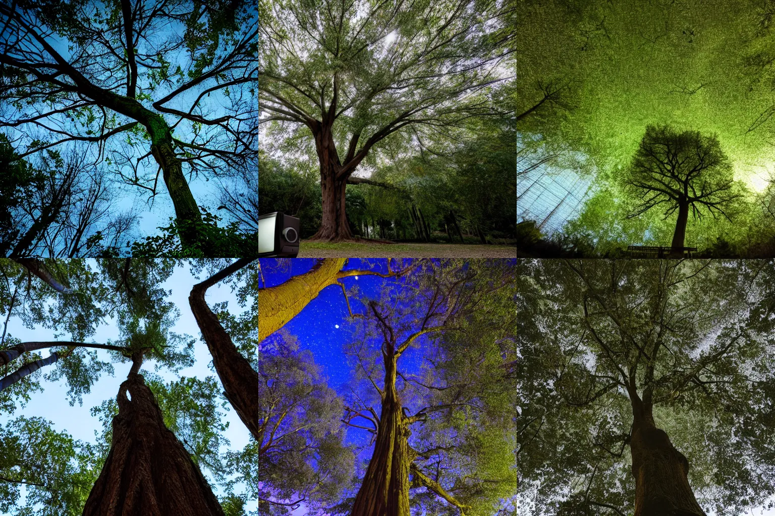 Prompt: photo of a tree with old televisions in the canopy, night