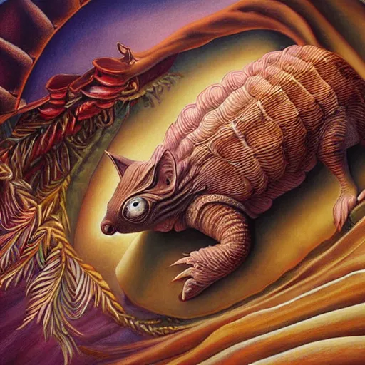 Image similar to a detailed fantasy painting of a hybrid between cat and armadillo, by lauri blank, artgerm, evelyn de morgan, 8K, 50mm lens